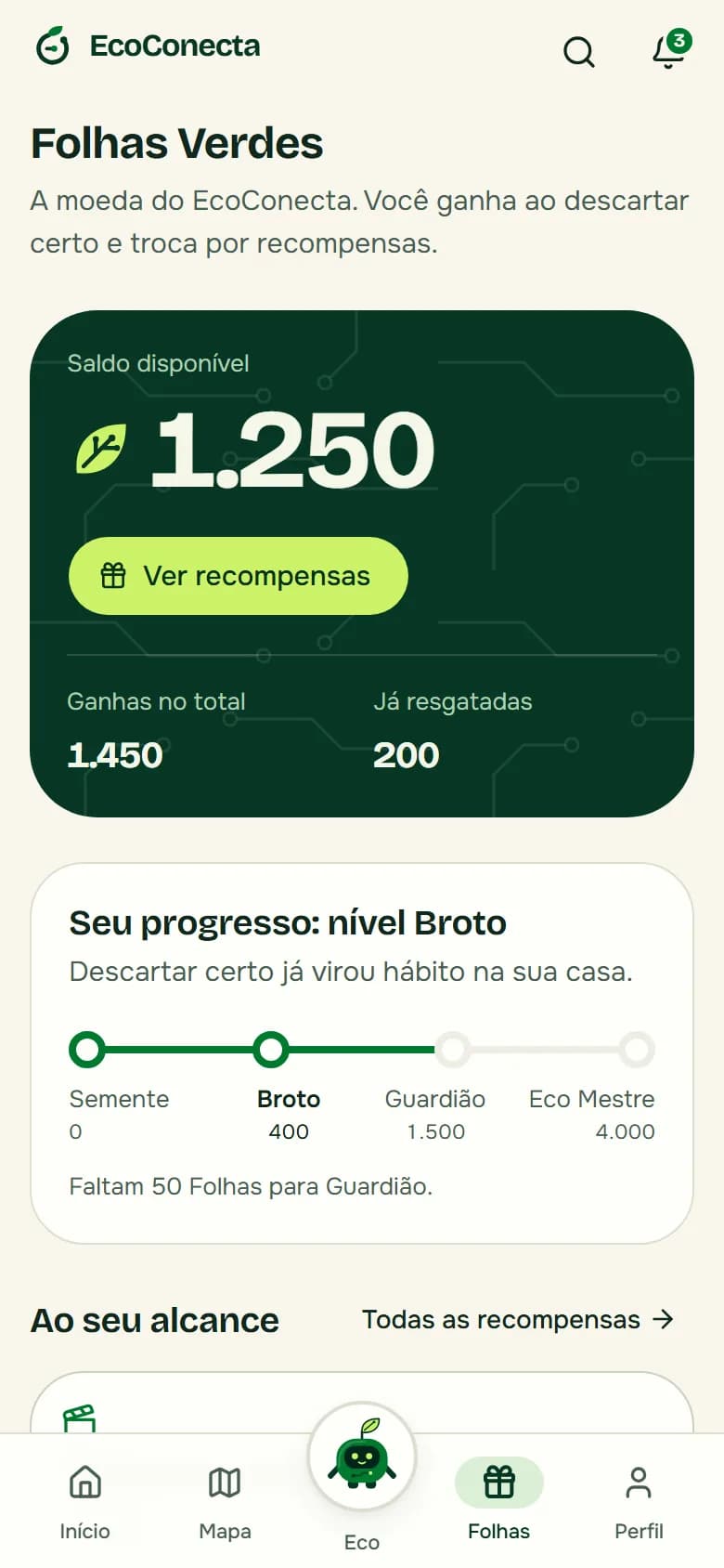 Folhas Verdes: saldo, nível e recompensas de parceiros